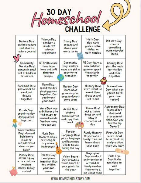 30 Day Homeschool Learning Challenge - Family Fun - INSTANT DOWNLOAD