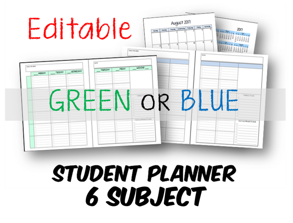 2025-2026 Student Planner - 6 Subject - Green or Blue - EDITABLE (INSTANT DOWNLOAD)