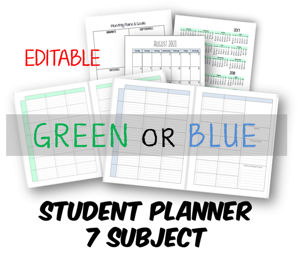 2025-2026 Student Planner - 7 Subject - Green or Blue - EDITABLE (INSTANT DOWNLOAD)