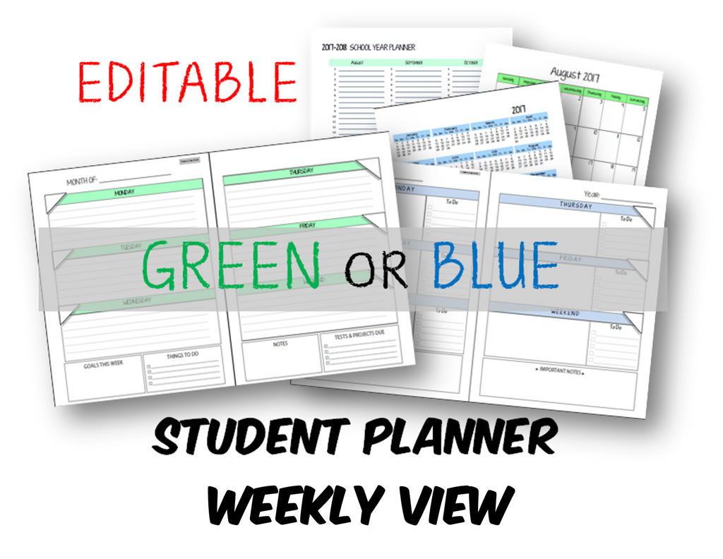 2025-2026 Student Planner - Weekly/No Subjects - Green or Blue (INSTANT DOWNLOAD)