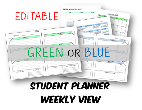 2025-2026 Student Planner - Weekly/No Subjects - Green or Blue (INSTANT DOWNLOAD)
