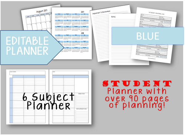 2025-2026 Student Planner - 6 Subject - Green or Blue - EDITABLE (INSTANT DOWNLOAD)