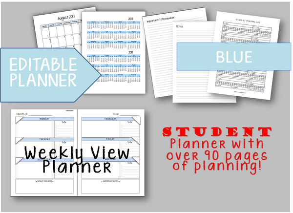 2025-2026 Student Planner - Weekly/No Subjects - Green or Blue (INSTANT DOWNLOAD)