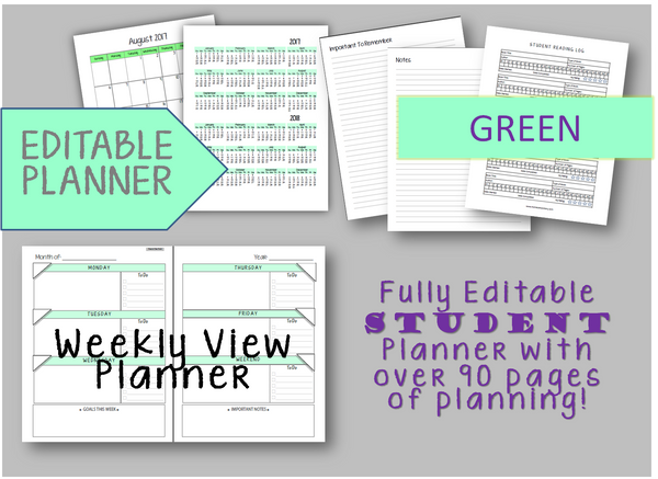 2025-2026 Student Planner - Weekly/No Subjects - Green or Blue (INSTANT DOWNLOAD)