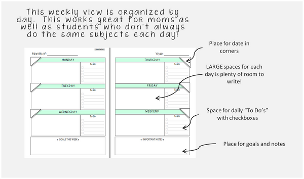 2025-2026 Student Planner - Weekly/No Subjects - Green or Blue (INSTANT DOWNLOAD)