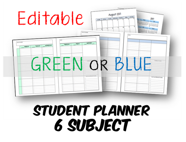 2023-2024 Student Planner - 6 Subject - Green or Blue - EDITABLE (INSTANT DOWNLOAD)