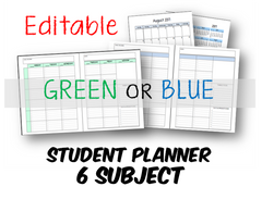 2026-2027 Student Planner - 6 Subject - Green or Blue - EDITABLE (INSTANT DOWNLOAD)