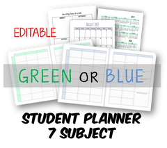 2026-2027 Student Planner - 7 Subject - Green or Blue - EDITABLE (INSTANT DOWNLOAD)